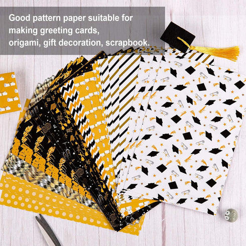 Whaline Graduation Pattern Paper 60 Sheet A5 Size Black Gold Graduation Diploma Cap Pattern Paper Double-Sided Congrats Grad Decorative Origami Pa...