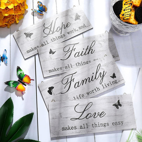 4 Pieces Faith Love Hope Family Wood Sign Farmhouse Wooden Family Sign with Quotes Faith Love Hope Family Home Sign Plaque Rustic Wooden Home Wall...
