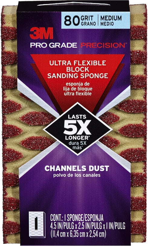 3M 2501PGP-80M-UF Pro Grade Precision 80-Grit Ultra Flexible Block Sanding Sponge, 4.5" x 2.5" x 1"...