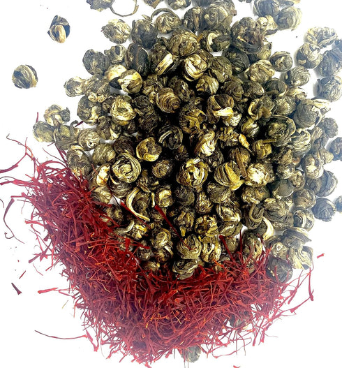FIRE TEAS Imperial Jasmine Dragon Pearls Tea with Saffron - Rolled Green Tea Pearls, Delicious, Strong Aroma & Taste...