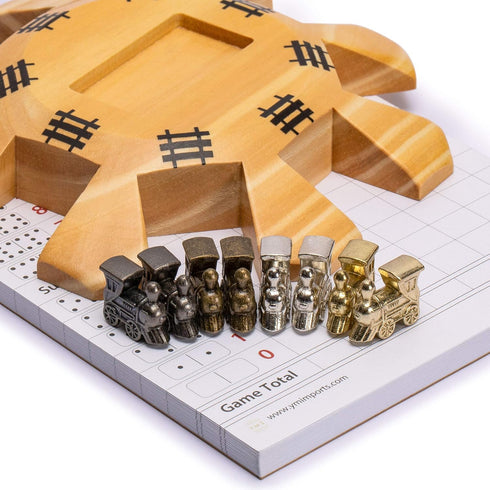 Yellow Mountain Imports Mexican Train Dominoes Accessory Set (5.8-Inch Wooden Hub Centerpiece, Die-Cast Metal Train Markers, and 60-Sheet Scorepad...