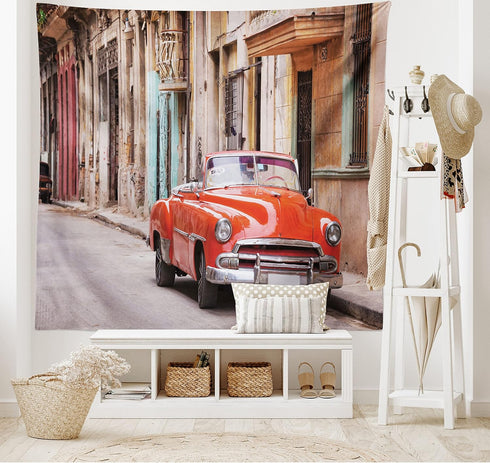 Ambesonne Cars Tapestry, Classical American Car in a Street with Houses Caribbeans Havana Cuba, Wide Wall Hanging for Bedroom Living Room Dorm, 80...