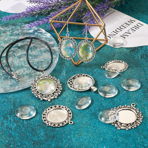 FASHEWELRY 16Pcs Oval Round Bezel Pendant Trays Antique Silver Bezel Blanks Cabochon Setting with Clear Glass Cabochon for Photo Pendant Craft Jew...