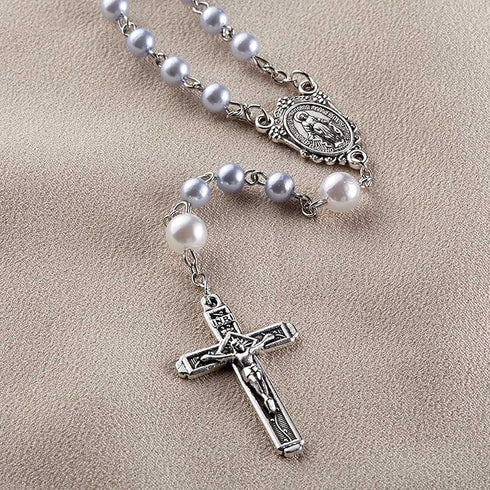Rosary Miraculous Medal - with White Pearl Miraculous Medal Rosary Beads, Our Lady of Grace Full Color Zippered Pouch, Lord's Prayer Card | Our La...