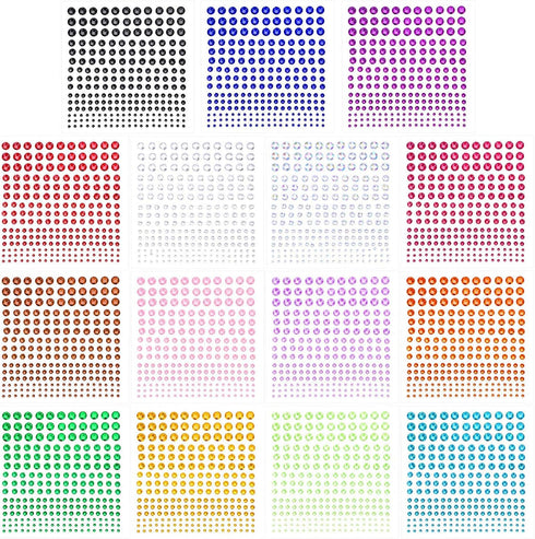 PHOGARY Self-Adhesive Rhinestone Sticker 3375 Pieces Crystal in 5 Size 15 Colors Bling Craft Jewels Gem Stickers for Crafts, Body, DIY Nails, Fest...