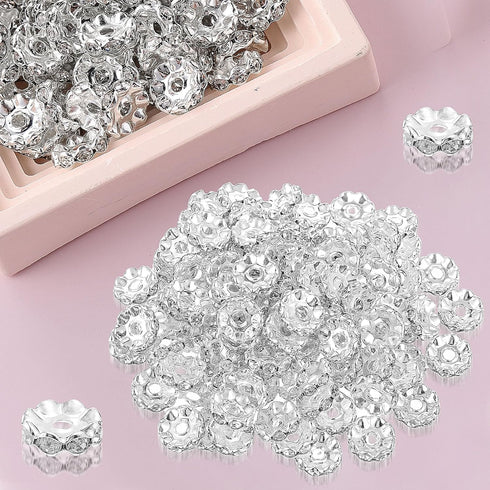 100pcs 12mm Rhinestone Beads for Jewelry Making for Pens Rondelle Spaced Beads Silver White Beadable Pens Beads Rondelle Beads...