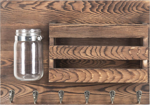 MyGift Wall-Mounted Burnt Wood Mail Holder Organizer with 6 Key Hooks & Mason Jar...