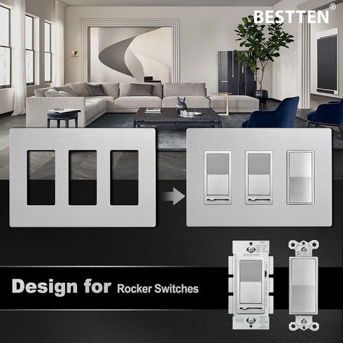 BESTTEN 5 Pack 3-Gang Signature Collection Silver Screwless Wall Plate, Decorator Outlet Cover, USWP8 Series, H4.69” x W6.54”, for Light Switch, D...