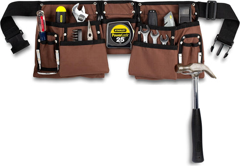 11 Pocket Brown and Black Heavy Duty Construction Tool Belt, Work Apron, Tool Pouch, with Poly Web Belt Quick Release Buckle - Adjusts from 33” In...