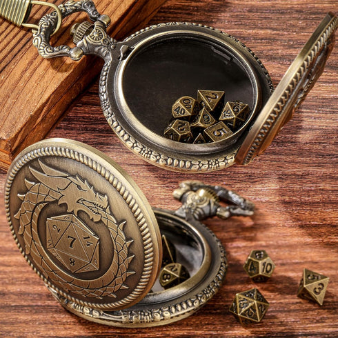 Mini DND Dice Set Steampunk Dragon Bronze Pocket Watch Shell Case, 7pcs Polyhedral Metal D&D Dice Set, DND Gifts with Gift Box for Men Player, Rol...