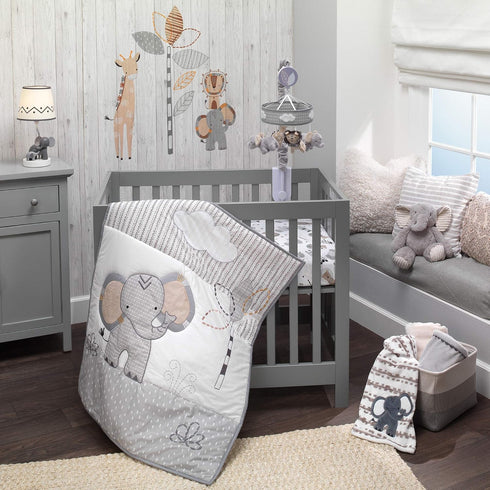Lambs & Ivy Jungle Safari Cotton White/Gray Elephant/Lion Fitted Mini Crib Sheet...