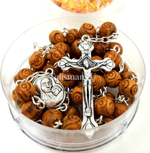 TALISMAN4U CATHOLIC ROSARY NECKLACE Olive Wood Carved Beads With Jerusalem Soil & Cross Crucifix in Gift Box...