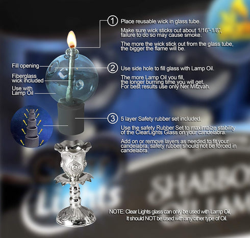 Ner Mitzvah Glass Paraffin Shabbat Candle Holder Cup and Wick - Ball Shape, 2 Pack - Pretty and Elegant Design - Fits Standard Candlesticks - For ...