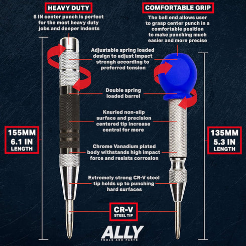 ALLY Tools Super Strong 6 Inch and 5 Inch Heavy Duty Automatic Center Punch, Perfect Automatic Center Punch for Metal, Wood, Plastic, Glass, and M...