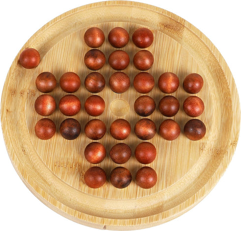 TOWO Wooden Solitaire Game –Peg Solitaire Puzzle Toy - Classic Board Game Marble Chess Mind Game 19.5CM 7.7” Round Board with Wooden Balls One Pla...