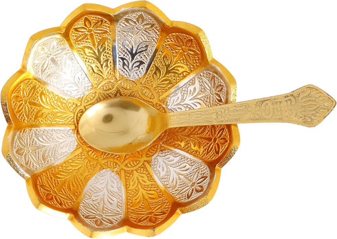 SATVIK 1 Pc 4 Inch Designer Gold Silver Plated Lotus Flower Dessert Dry Fruits Embossed Serving Bowl With Spoon Set Diwali Pujan Decortive Bhog Bo...