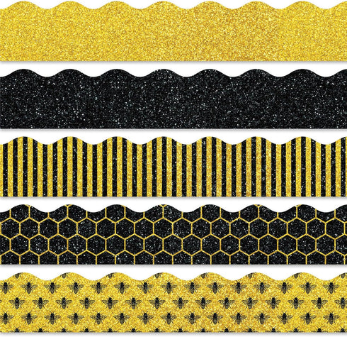 Whaline 69Ft Summer Glitter Bulletin Board Borders 5 Designs Yellow Black Bee Theme Decoration Trim Bee Bulletin Board Stickers for School Classro...