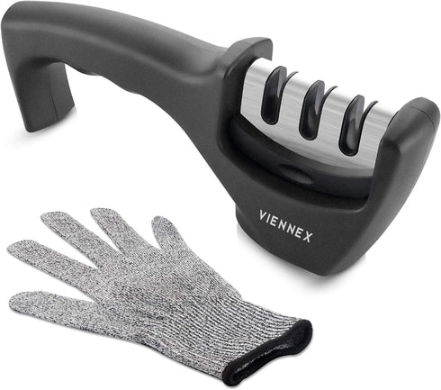 Kitchen Knife Sharpener - Professional Handheld 3 Stage Sharpening Tool for Chef Knives with Diamond, Tungsten & Ceramic Rods Includes Cut Resista...