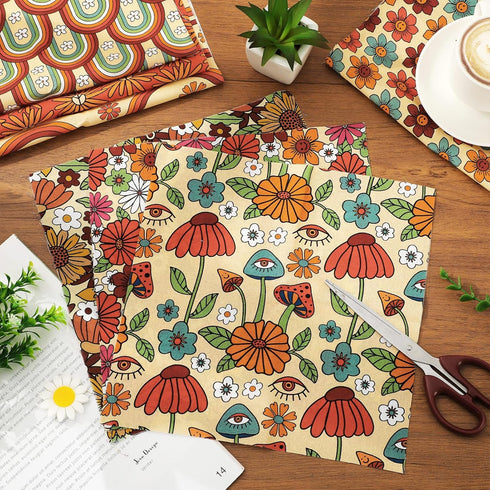Whaline 12Pcs Retro Floral Cotton Fabric Bundles 10 x 10 Inch Hippie Groovy Boho Rainbow Printed Fat Quarters Boho Quilting Patchwork for DIY Hand...
