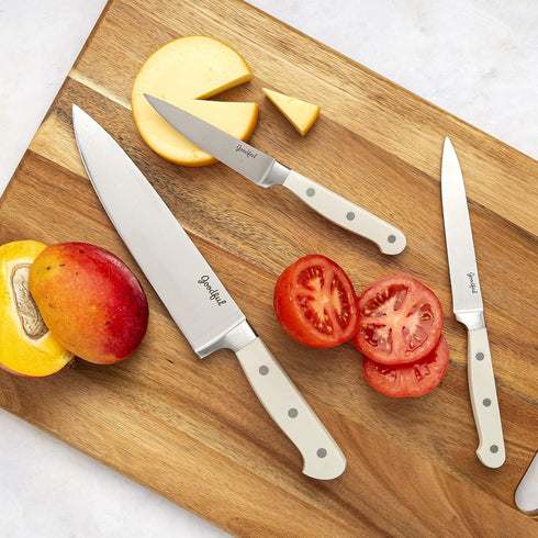 Goodful Premium Cutlery Kitchen Essential Knife Set, High Carbon Stainless Steel Blades Cutlery, Full Tang, Triple Riveted Handles, 3-Piece, Cream...