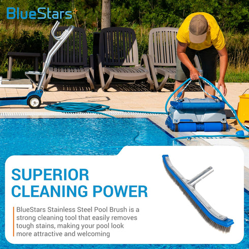 BlueStars 18-inch Wide Heavy Duty Stainless Steel Pool Brush - Aluminum Handle & Stainless Steel Bristles - Suitable for Concrete & Gunite Pools...
