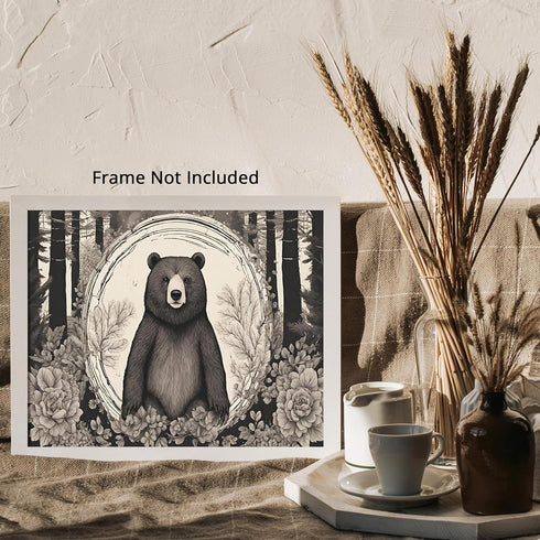 Posterizer 1 pcs- Bear sorrounded by wild flowers and trees-Art for Animal Lovers-Floral Botanical Art- Gift for Men Women Teens-Living Room Bedr...
