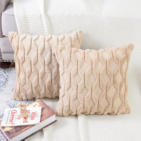 MADIZZ Set of 2 Soft Plush Short Wool Velvet Decorative Throw Pillow Covers 16x16 inch Khaki Square Luxury Style Cushion Cases Pillow Shell for So...