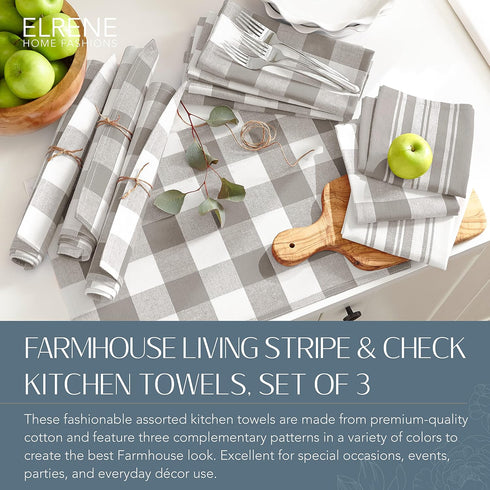Elrene Home Fashions Farmhouse Living Stripe and Check Kitchen Towels, 17" x 28" (Set of 3), Gray/White 3...