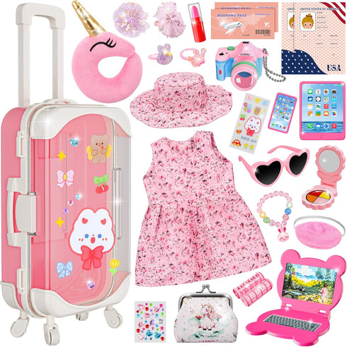Doll Suitcase Travel Set, 18 inch Doll Clothes and Accessories - 26 Pcs Travel Pillow, Unicorn Bag, Sunglasses, Camera, Computer, Phone, Passport,...
