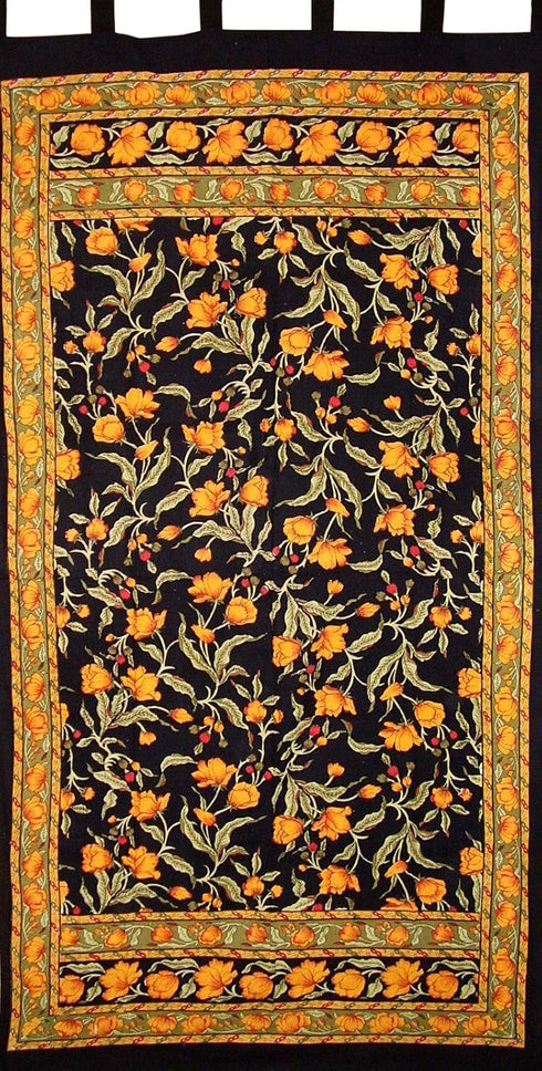 India Arts French Floral Tab Top Curtain Drape Panel Cotton 44" x 88" Amber Black...