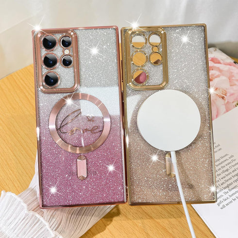 Fiyart Designed for Samsung Galaxy S22 Ultra Case,Compatible with MagSafe Love Heart Plating Camera Protection Clear Phone Case, Magnetic Glitter ...