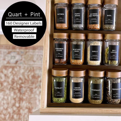 160 Spice Jar Labels: Minimalist Matte Black Sticker White Text. Waterproof Stickers. Organization for Jars Bottles Containers Bins. Storage Rack ...