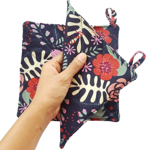 CUSHYSTORE Canvas Pot Holder Oven Pads Potholders Navy Blue for Cooking Kitchen 7.75", 2 Pack (Exotic Flower)...