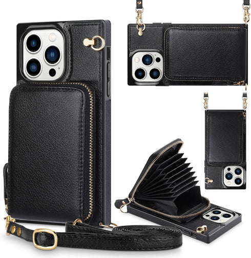 for iPhone 13 Pro Max Leather Wallet Case (6.7-Inch) - Zipper Shockproof Leather Card Holder (12 Cards) & Anti-Theft Lanyard - Crossbody Bag with ...
