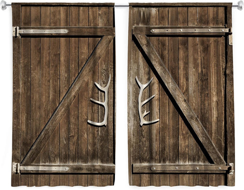 Cinbloo Farmhouse Kitchen Curtains Rod Pocket 27.5W x 39L Inch Brown Barn Door Wooden Rustic Garage Gate Vintage Country Antler Handles Modern Art...