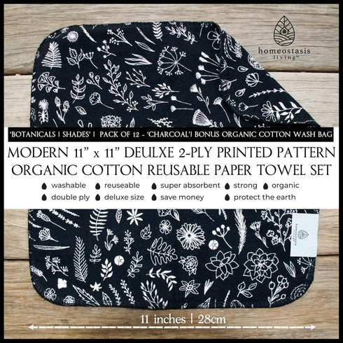 | REusable Paper Towels with Wash Bag | Charcoal Black 12 x Washable Eco Friendly Paperless Paper Towels Napkins Cloth Kitchen Washable Reusable P...