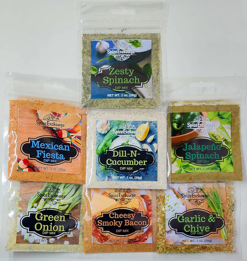 Spice Exchange Dip Mix 7 Flavor Variety Pack - Green Onion - Cheesy Smoky Bacon - Jalapeno Spinach - Garlic & Chive - Zesty Spinach - Mexican Fies...