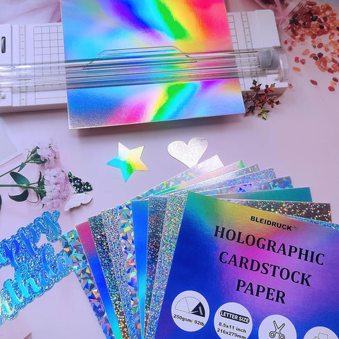 28 Sheets Holographic Cardstock Paper 250gsm/92lb, 8.5 x 11 Metallic Glitter Paper 4 Mixed Styles Printable Only Compatible with Laser Printer,Thi...
