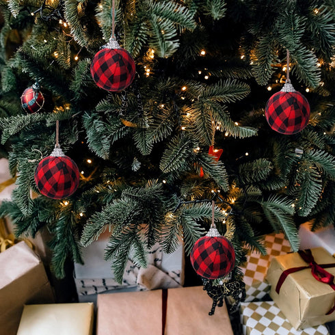 Deloky 16Pcs Buffalo Plaid Fabric Ball- 2.16 Inch Small Christmas Fabric Wrapped Balls Hanging Ornament for Christmas Tree Party Decoration Suppli...