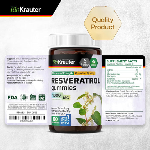 Resveratrol Gummies - Potent Resveratrol 1000 mg Organic Supplement - Bioavailable 98% Pure Trans Resveratrol - Antioxidant Support - 60 Vegan Che...
