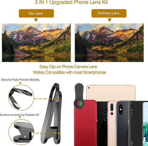Phone Camera Lens,Upgraded 3 in 1 Phone Lens kit-198° Fisheye Lens + Macro Lens + 120° Wide Angle Lens,Clip on Cell Phone Lens Kit Compatible with...
