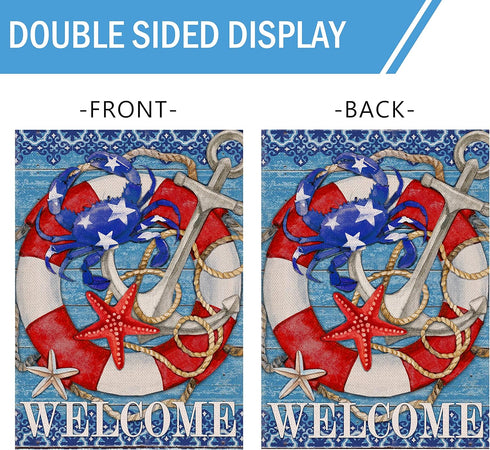 Welcome Summer Nautical Crab Decorative Small Garden Flag, Coastal Beach Anchor Lifebuoy Home Outside House Yard Decoration, Starfish Sea Ocean Fa...