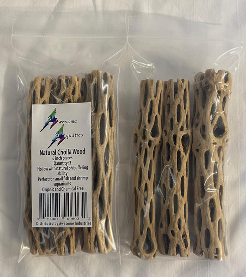 Awesome Aquatic Natural Cholla/Choya Wood 3 Pieces 6” for Shrimp Habitat and Food Treat Hermit Crabs Plecos Aquarium Decoration Lowers pH Hideouts...