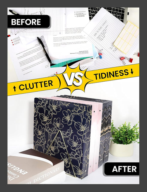 3 Ring Binder 1 Inch, SUNEE Cute Binder with 2 Pockets, Decorative Black Marble Three Ring Binder Heavy Duty (Fit 8.5x11 Inches) for School Suppli...