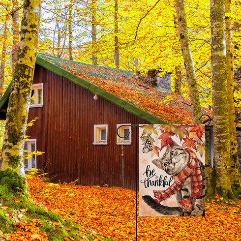Be Thankful Cat Home Decorative Fall Garden Flag, Autumn Yard Lawn Maple Leaves Outside Decor, Thanksgiving Farmhouse Outdoor Small Burlap Decorat...