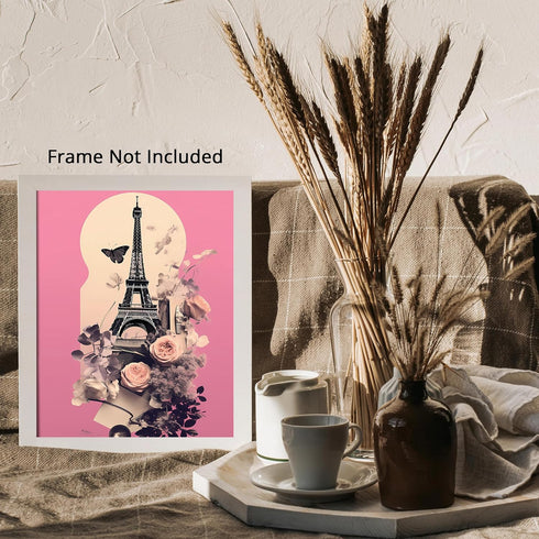 Posterizer 1 pcs-Eiffel tower and pink flowers collage-Holiday Poster Collection-Adventure Wall Art-Gift for Nature, Surfers and Beach Lovers - UN...