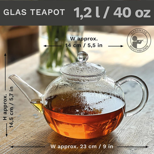 Creano glass teapot 40 oz (1200ml), tea maker with integrated stainless steel infuser and glass lid, ideal for preparing loose teas, drip-free, al...