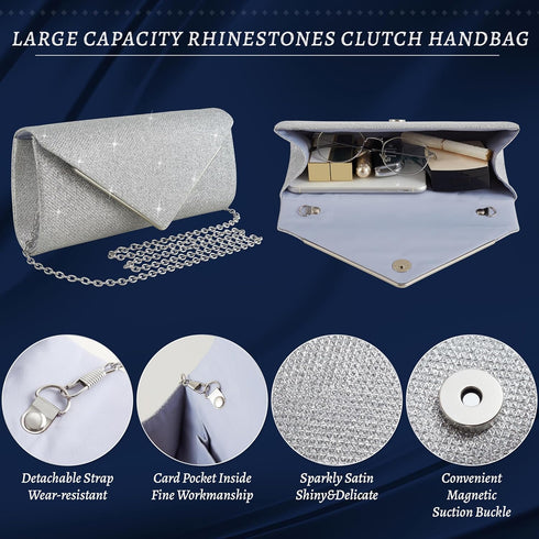 4Pcs Silver Clutch Bag Jewelry Set For Women Rhinestone Shiny Evening Purse Handbag Clutches Purses For Wedding Party Gift (Elegant Style)...