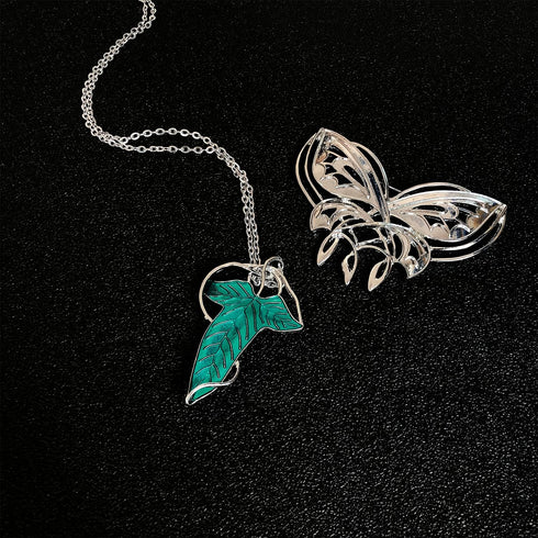 3pcs Arwen Evening Star Butterfly Brooch Lord of The Ring Hobbit Necklace Vintage Green Leaf Elven Pin Brooch Pendant Chain Necklace...