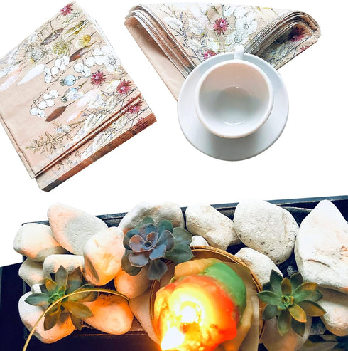 20 Counts 6.5 x 6.5 inches 3-Ply Tan Floral Decorative Napkins for Decoupage, Nature Themed Events, Eco-Friendly & Biodegradable...
